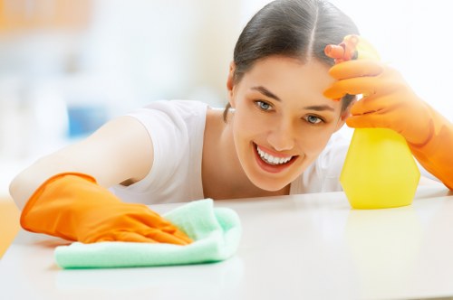 Cleaner dusting and wiping surfaces in a central London home